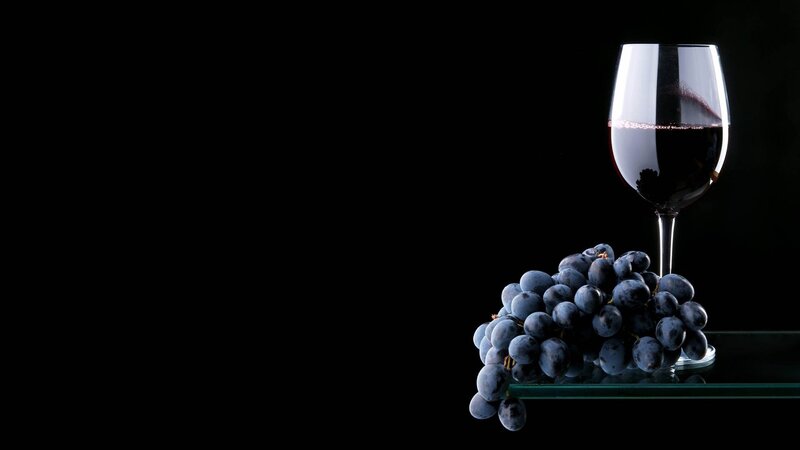 Grapes and Wine Glass — Black, Dramatic, Photograph
