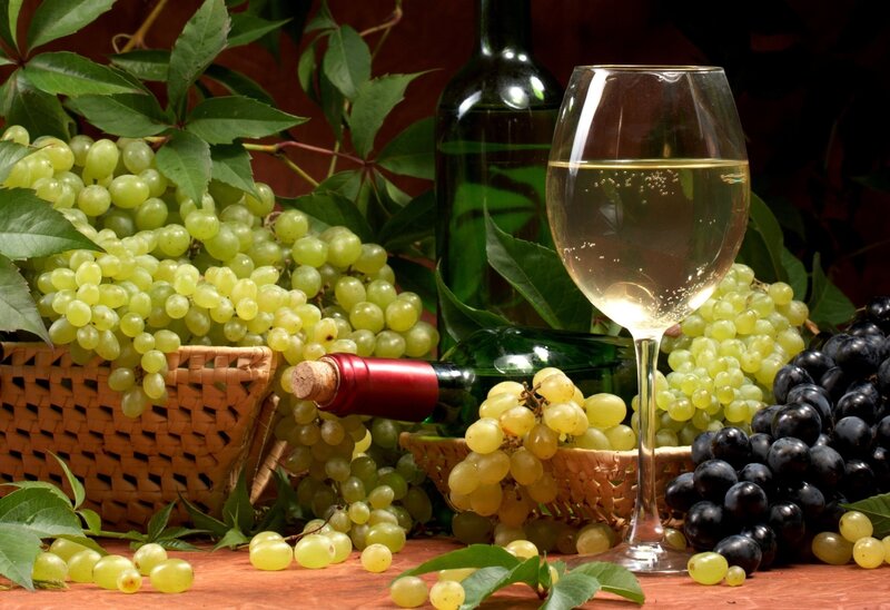 Grapes and Wine Glass — Green, Dramatic, Photograph, Bottle