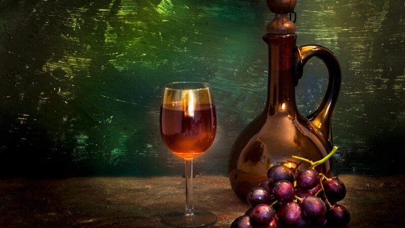 Grapes and Wine Glass — Green, Dramatic, Photograph, Wine Bottle