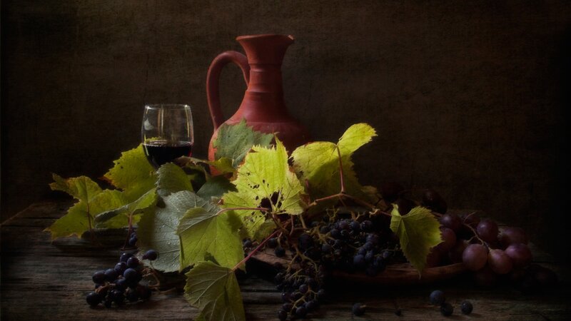 Grapes and Wine on Wood