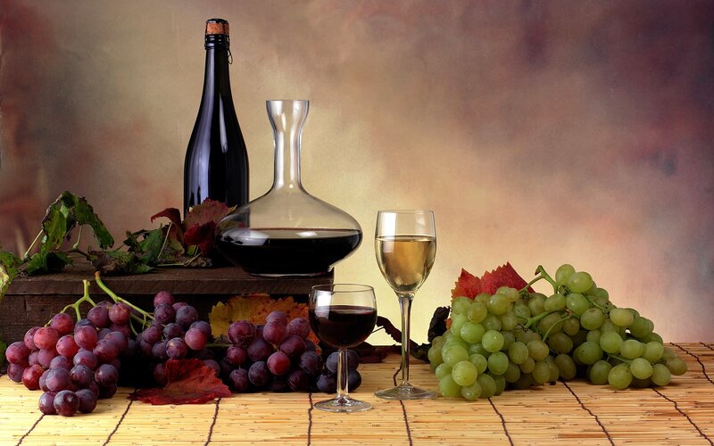 Grapes and Wine Setup — Brown, Calm, Autumn, Photograph