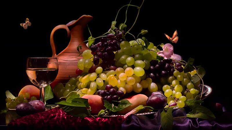 Grapes and Wine Still Life — Black