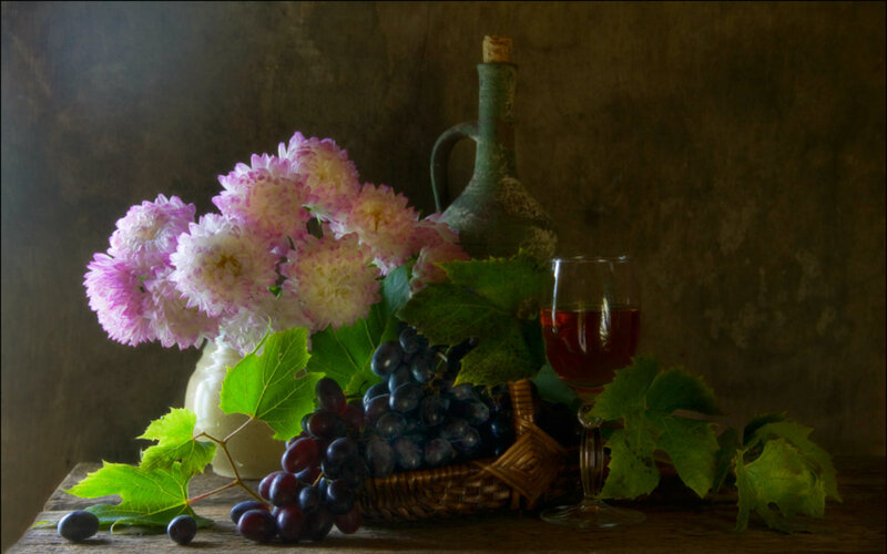 Grapes and Wine Still Life — Green, Dramatic