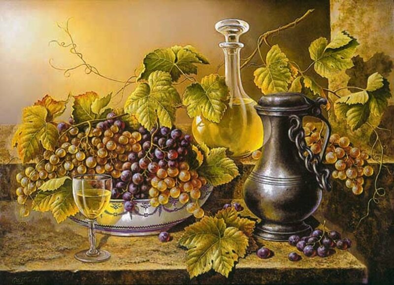 Grapes and Wine Still Life — Yellow