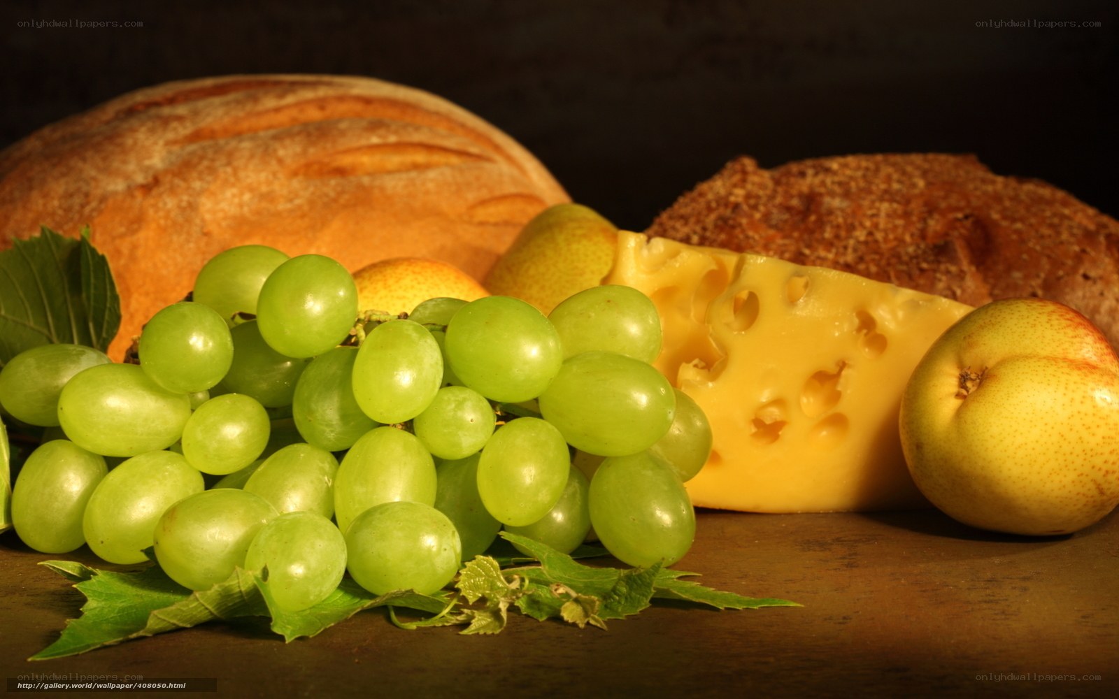 grapes, cheese, and bread still life
