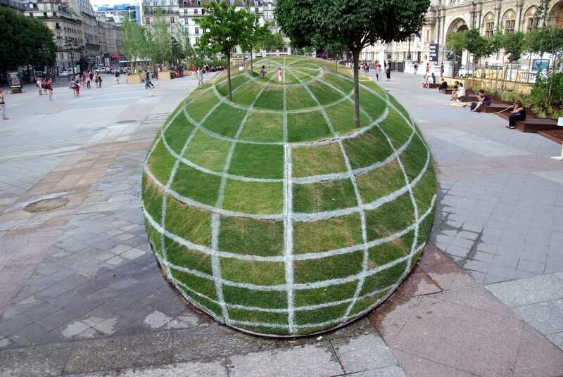 Grass-covered globe sculpture