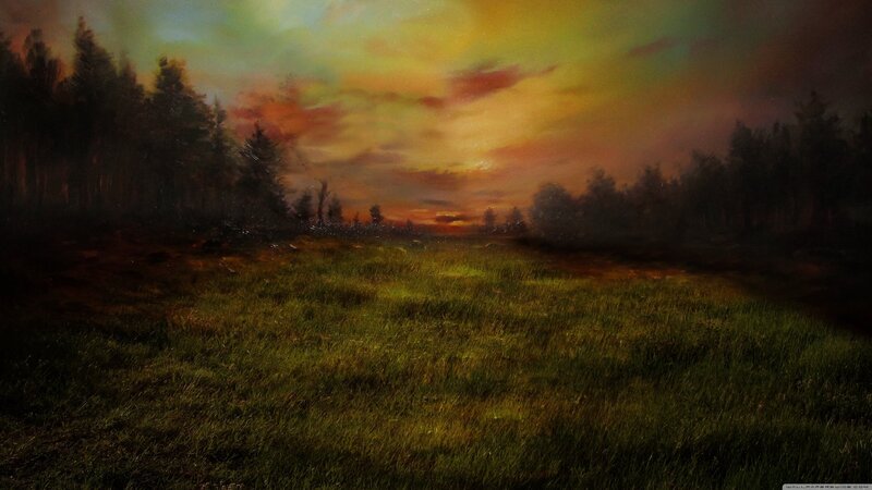 Grass Field at Sunset — Green, Dramatic