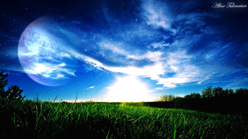 Grass Field under Moon — Blue