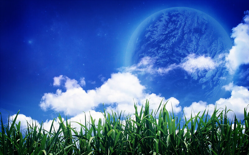 Grass field with planet in sky