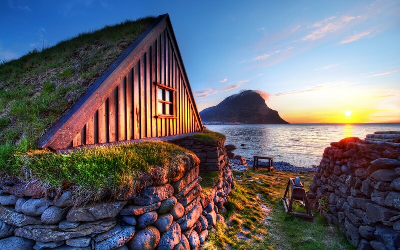 Grass-roofed Cabin — Blue, Serene, Sunset, Photograph