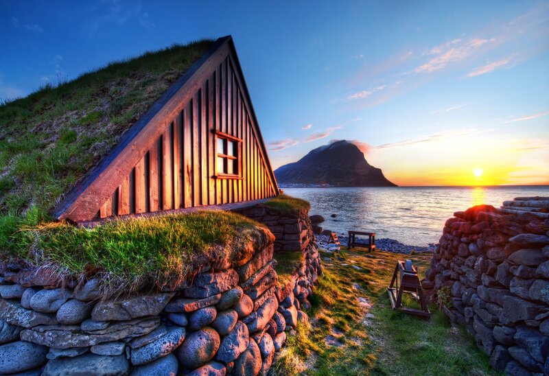 Grass-roofed Cabin — Blue, Serene, Sunset