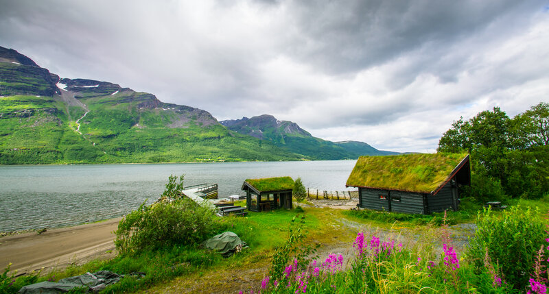 Grass-roofed Cabins by Lake