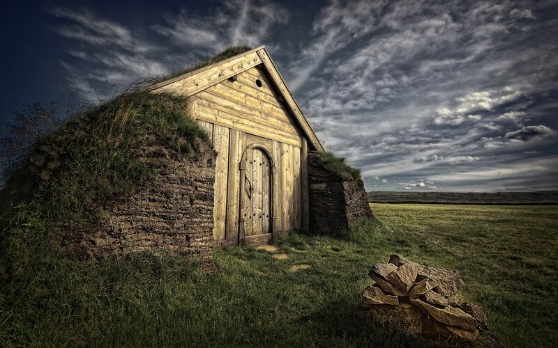 Grass-roofed Wooden Hut