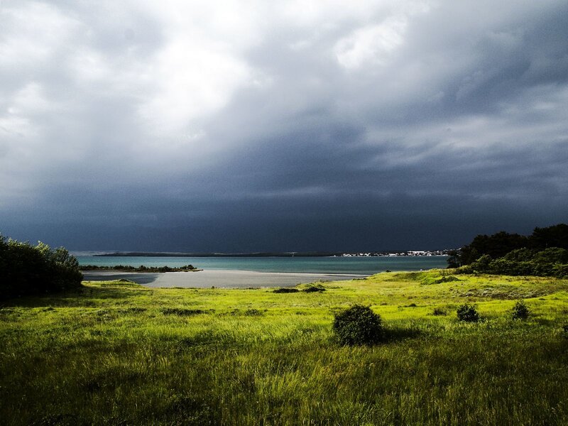 Grassland by the sea under stormy sky