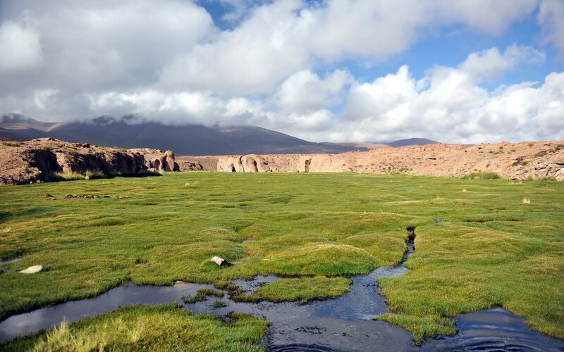 Grassland with stream and mountains