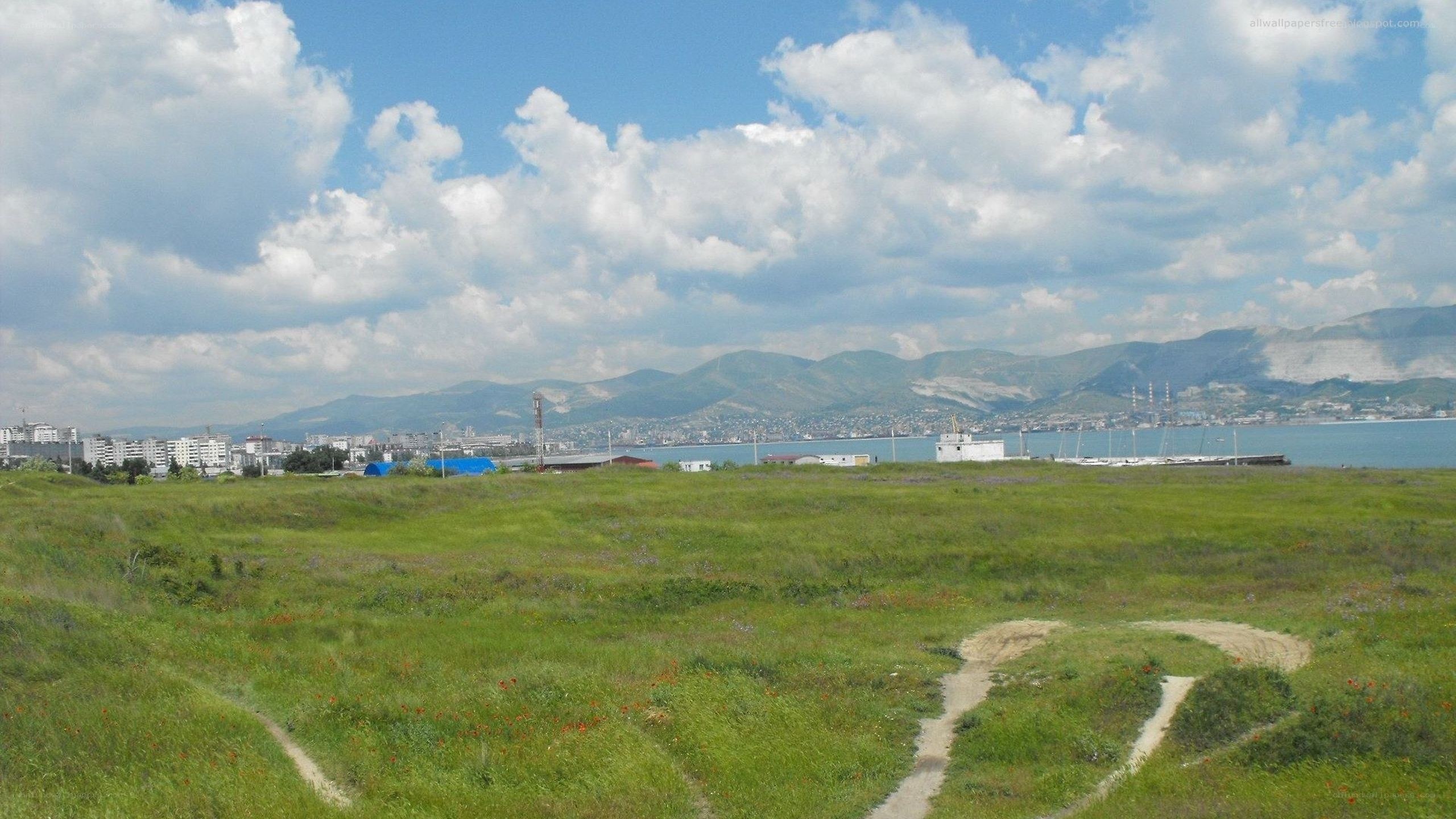Grassy field overlooking a coastal city