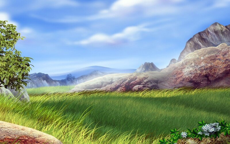 Grassy field with mountains