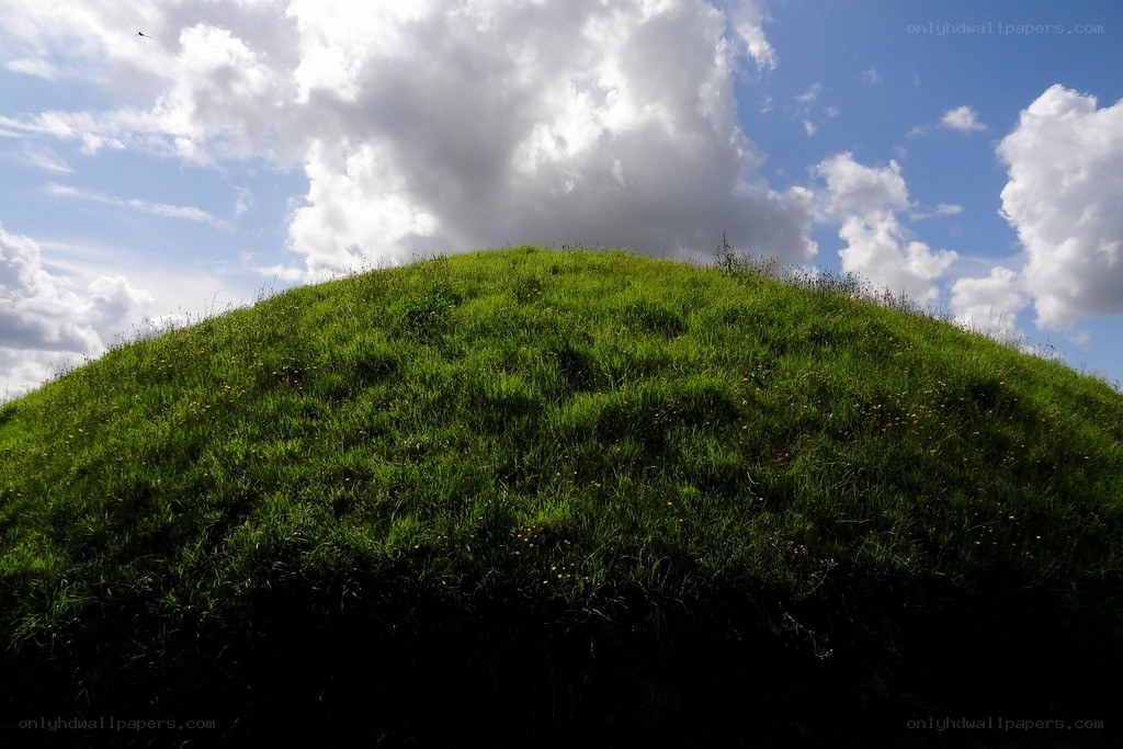 Grassy hill under cloudy sky
