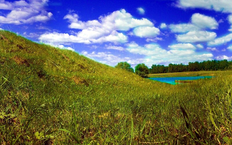 Grassy hill with pond and blue sky