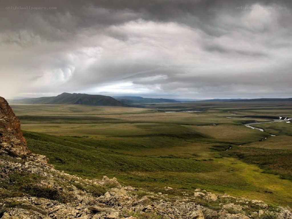 Grassy tundra under stormy sky