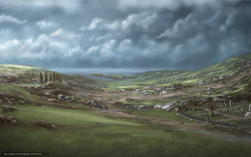 Grassy valley under stormy sky
