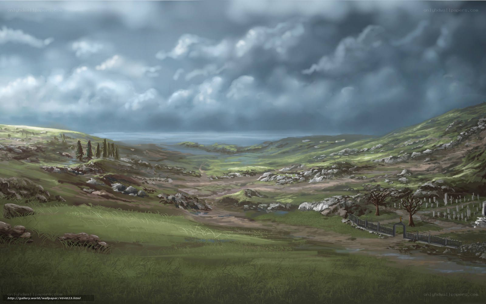 Grassy valley under stormy sky