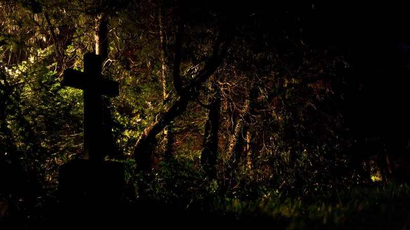 Grave cross in dark forest