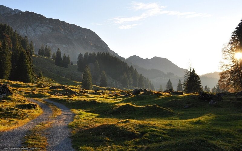 Gravel Path in Mountains — Green, Serene, Sunset, Photograph
