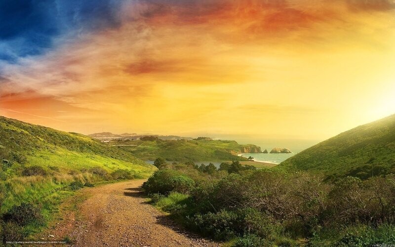 Gravel Path on Hillside — Green, Dramatic, Sunset