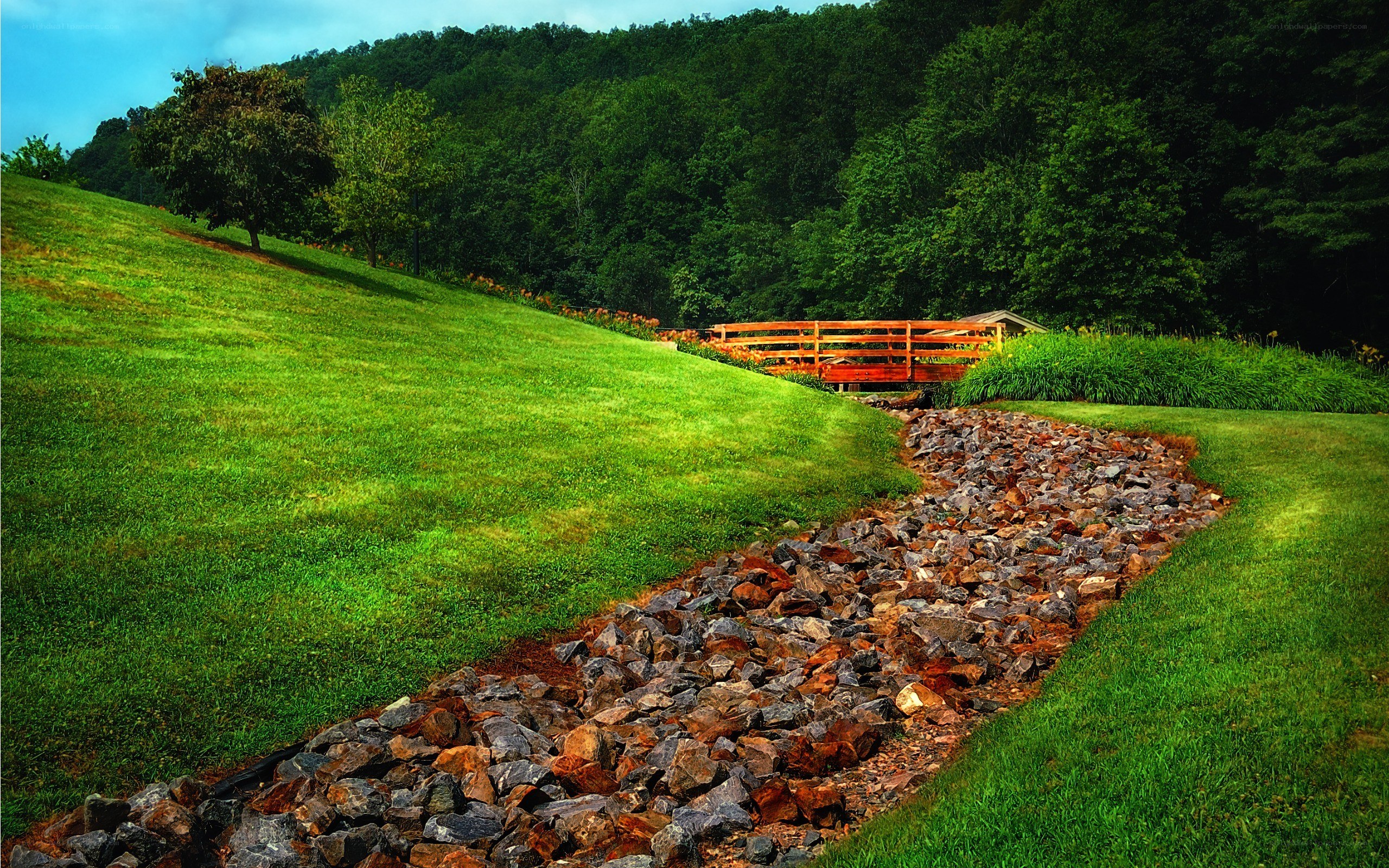 Gravel path through green landscape