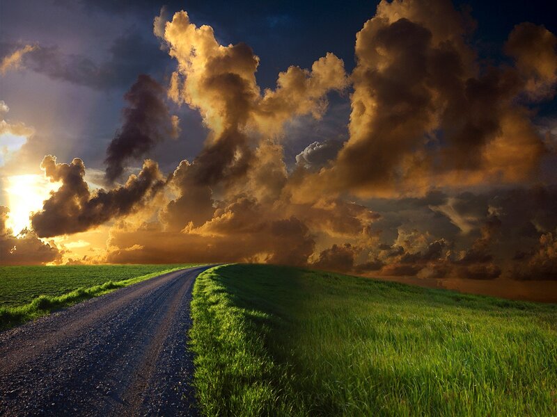 Gravel Road Through Fields — Green, Dramatic, Sunset
