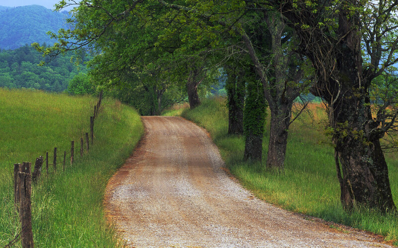 Gravel road through green hills