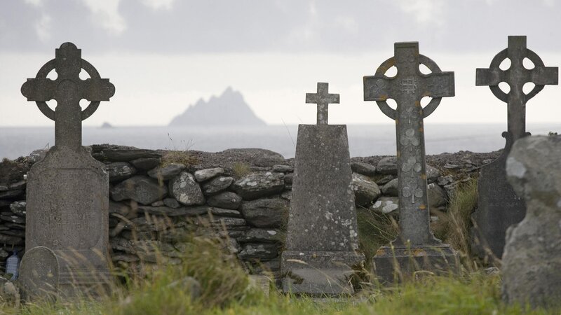 Gravestones at a coastal cemetery