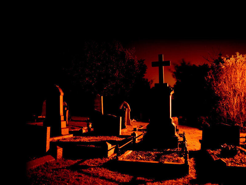 Graveyard at Night — Black, Dark, Photograph, Gravestones, Cross