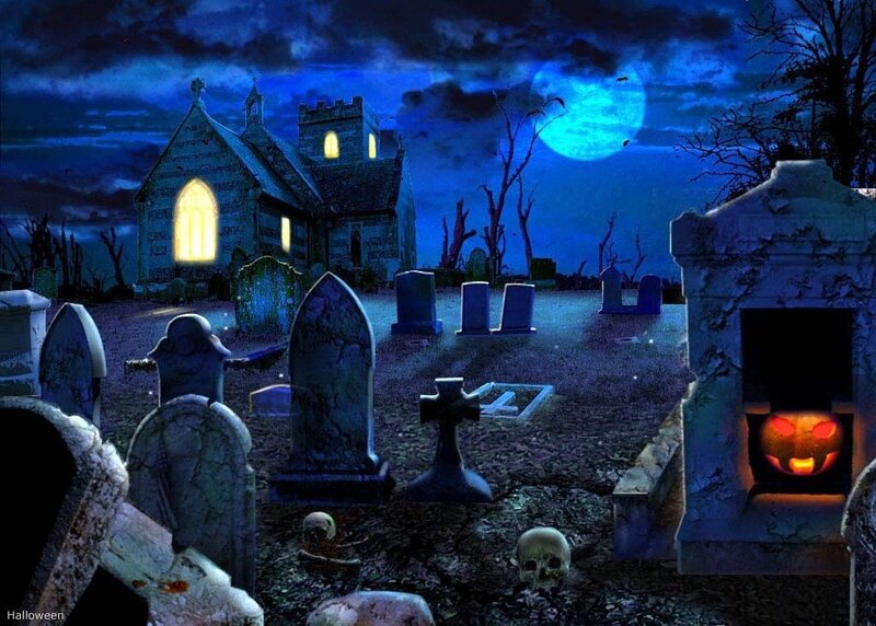 Graveyard at Night — Blue, Creepy, Digital Art