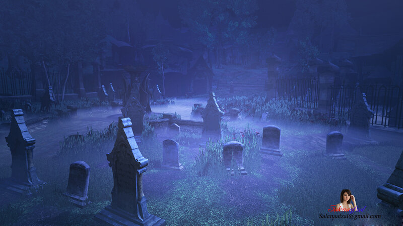 Graveyard at Night — Blue, Eerie, 3d Render