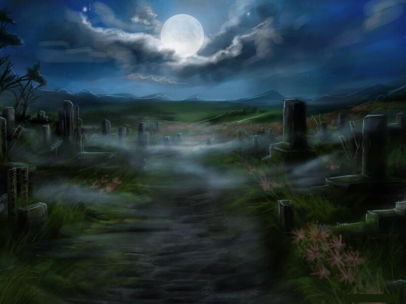Graveyard at Night — Blue, Eerie, Digital Art