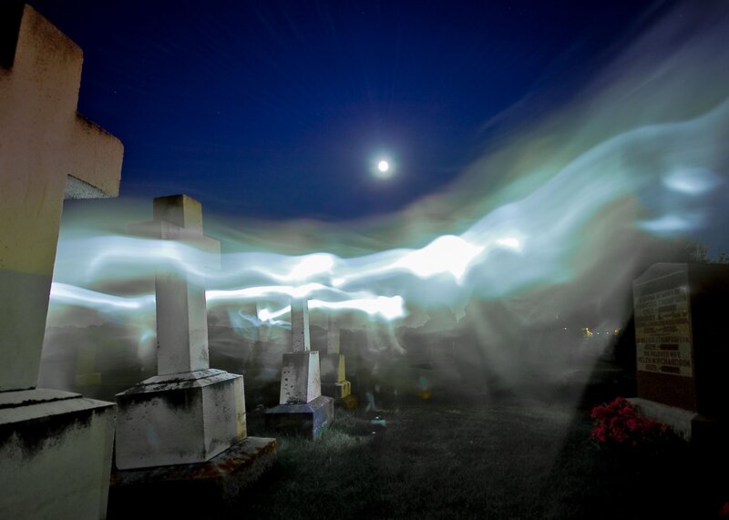 Graveyard at Night — Blue, Eerie, Photograph