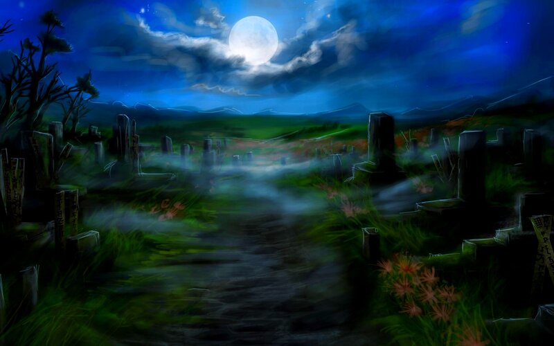 Graveyard at Night — Blue, Eerie
