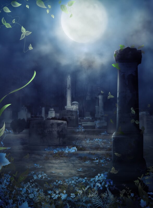 Graveyard at Night — Blue, Mysterious