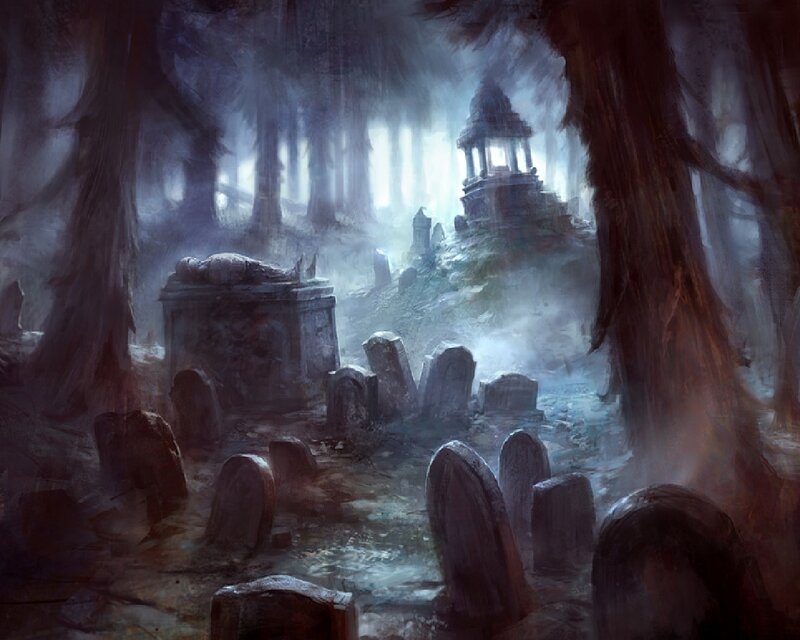 Graveyard in Misty Forest — Gray