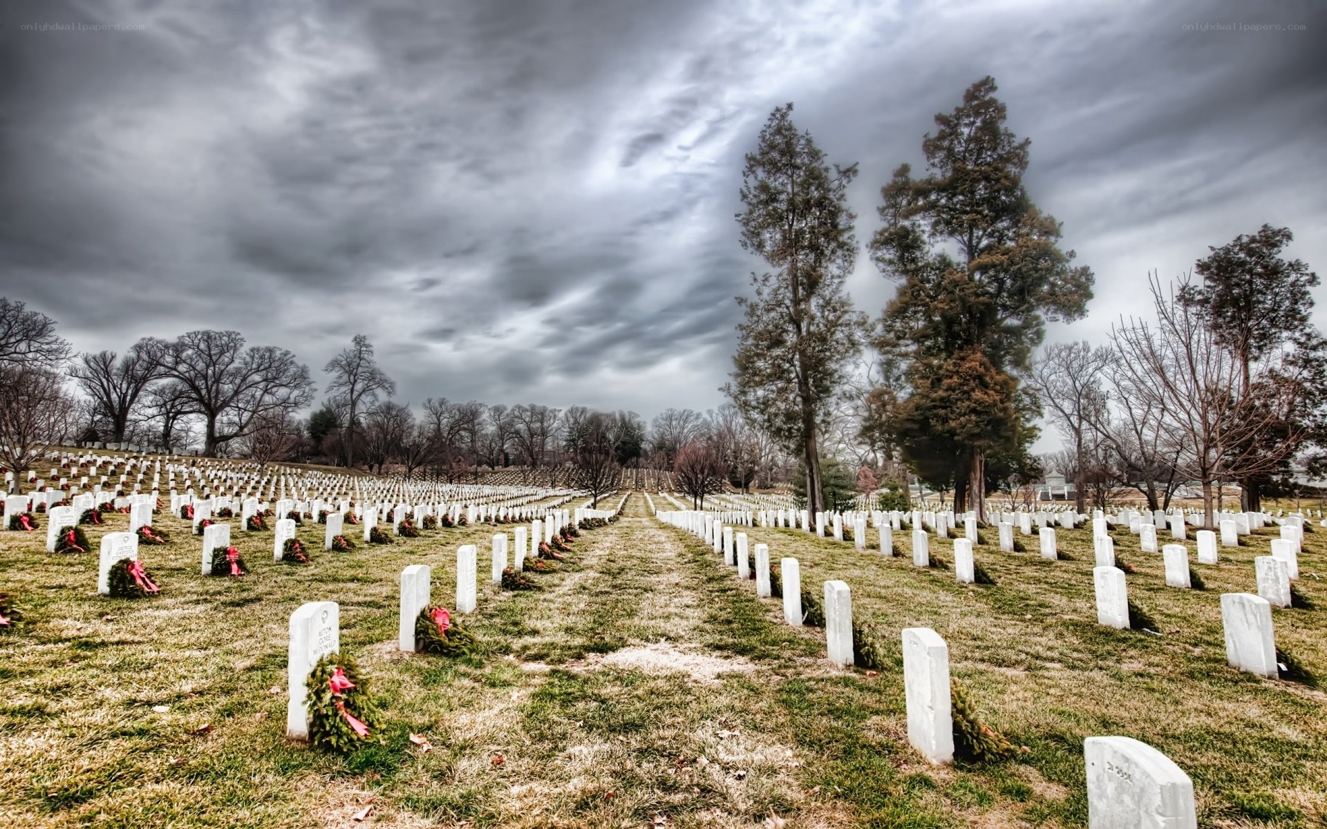 Graveyard under stormy sky