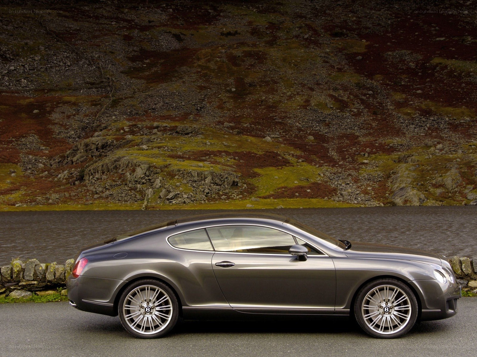 Gray Bentley parked by a lake