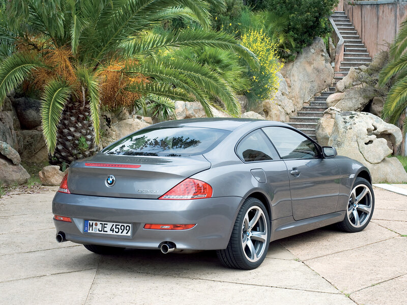 Gray BMW coupe in garden