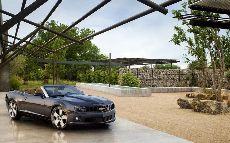 Gray Camaro convertible by pool