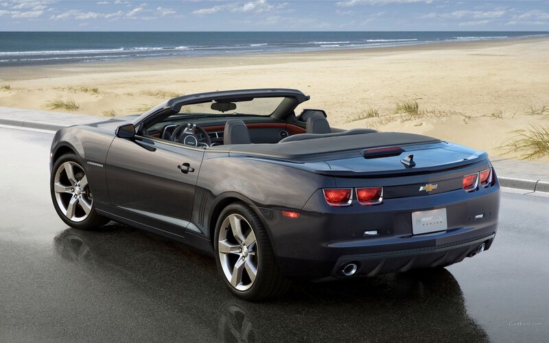 Gray Camaro convertible on beach