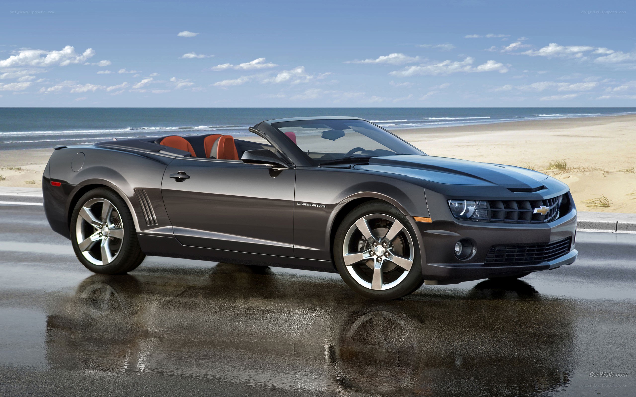 Gray Camaro convertible on beach