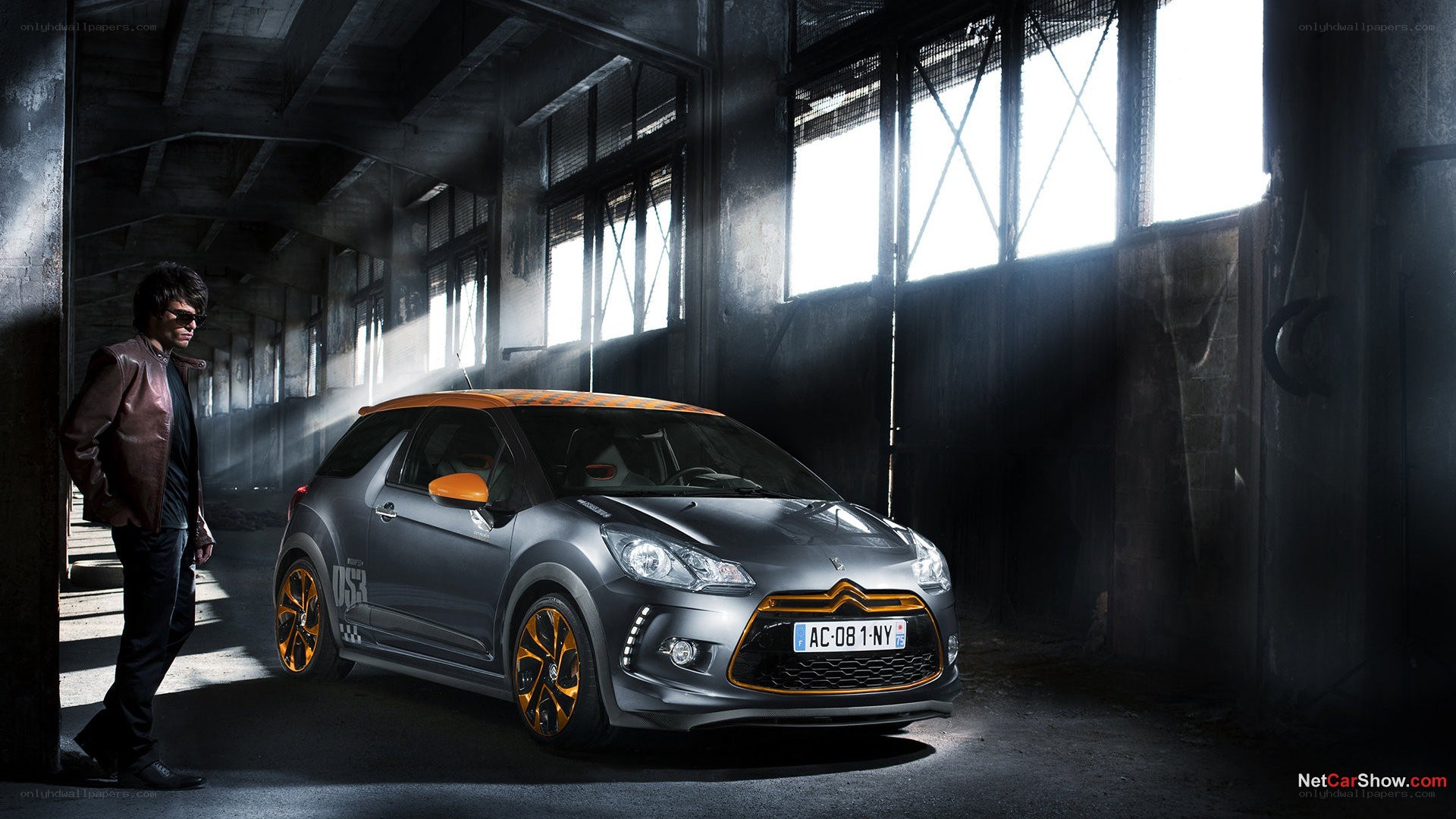 gray car with orange accents