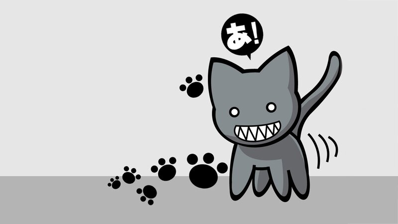 Gray Cartoon Cat — Playful, Digital Art, Paw Prints, Speech Bubble