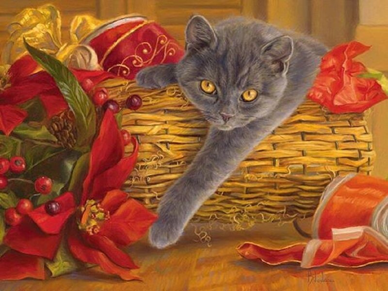 Gray Cat in Basket — Red, Festive